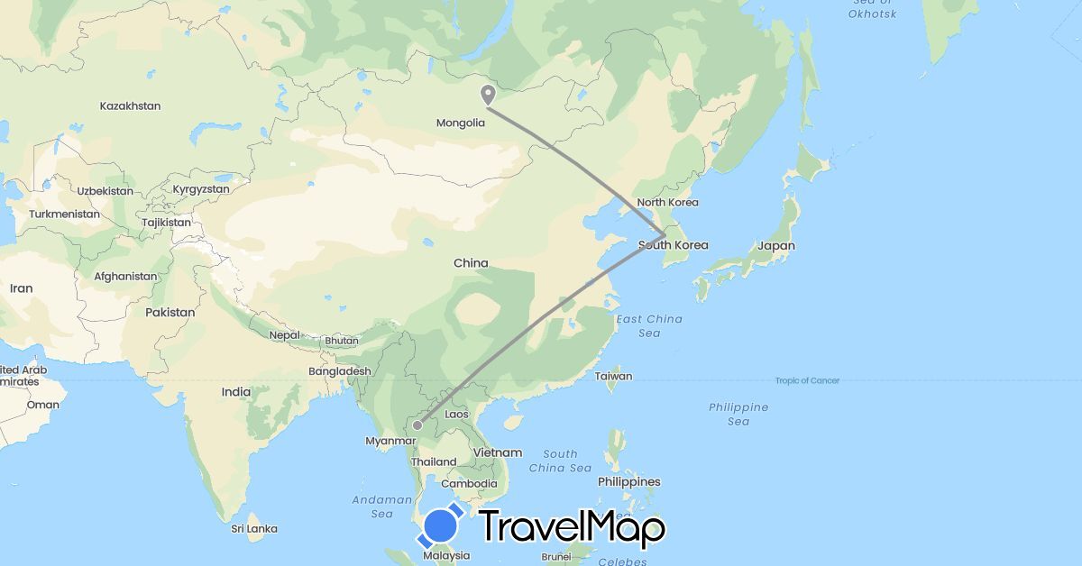 TravelMap itinerary: driving, plane in South Korea, Mongolia, Thailand (Asia)